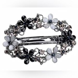 HAIR Barrette Elegant Vintage Rhinestone Flower Open Barrette Black and Gray